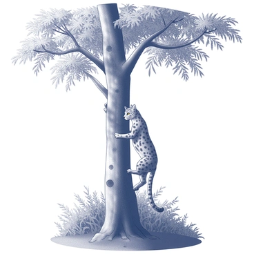An ocelot is ascending a tall tree in a dense forest. The ocelot has spotted fur with distinctive dark rosettes and is skillfully navigating the rough bark of the tree trunk. Surrounding the tree, various branches extend with clusters of green leaves, creating a vibrant canopy above. The forest floor is filled with thick undergrowth, and the tree's height contrasts sharply with the dense vegetation below. Sunlight filters through the leaves, casting intricate shadows on the tree.