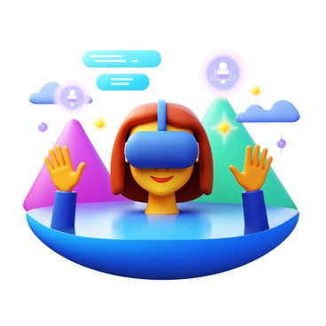 A person wearing a virtual reality headset is fully immersed in a digital environment created by PMAT technology. The individual has a focused expression, with their hands reaching out as if interacting with virtual objects. The scene is filled with vibrant colors and dynamic shapes, showcasing an abstract landscape that surrounds them. Visual elements such as floating geometric patterns and glowing interfaces can be seen, enhancing the sense of immersion in this high-tech experience.