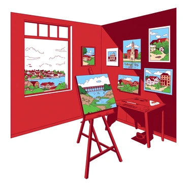 A red artist's studio features various vibrant paintings of local landscapes displayed on the walls. Each painting captures unique aspects of Charleston's scenery, showcasing its historic charm and natural beauty. In the center of the studio, there is an easel holding a canvas with a partially finished artwork. A large window on one side of the room opens up to a view of the city, allowing sunlight to pour in and illuminate the space. Outside the window, Charleston's distinct architectural style can be seen, with colorful buildings and lush greenery framing the picturesque scene.