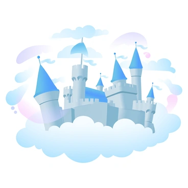 A series of castles with ornate spires and turrets is floating in a bright blue sky. Each castle is intricately designed, featuring banners fluttering in the gentle breeze. Wispy clouds weave between the castles, connecting them in a delicate manner. The castles are perched on fluffy white clouds, creating an ethereal scene. The sky is filled with soft gradient pastel colors, blending seamlessly to enhance the dreamlike atmosphere.