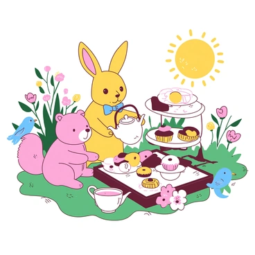 A yellow rabbit wearing a small blue bowtie is pouring tea from a white teapot into a delicate cup held by a pink bear sitting on a vibrant green grass patch. Next to them, a white squirrel is arranging an assortment of colorful pastries on a white tiered tray. A blue bird with a cheerful expression is perched on the edge of the table, chirping happily. The sun shines brightly in the background, casting warm light over the scene, with colorful flowers blooming around the garden.