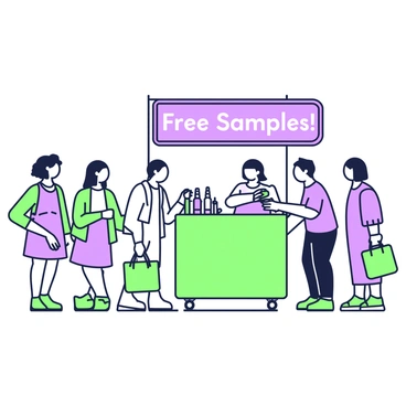 A booth is set up at a public event, showcasing a large banner with the words "Free Samples!" prominently displayed. Behind the booth, a person is smiling and handing out product samples to the line of eager people waiting. The people in line appear diverse, with various ages and styles. Some hold bags in anticipation, while others are actively chatting with friends. The atmosphere conveys excitement as the booth draws attention from others nearby.