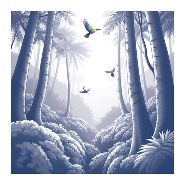 A dense tropical rainforest featuring a variety of tall trees, their trunks thick and rugged, reaching high into the canopy. Among the branches, vibrant birds can be seen soaring, their wings spread wide, showcasing their intricate feather patterns. Below, the ground is covered in lush, textured greenery, with a mix of large leaves and ferns creating a rich undergrowth. Sunlight filters through the upper branches, casting scattered light onto the forest floor, enhancing the depth and variety of the scene.