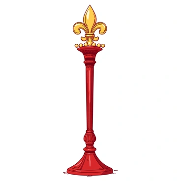 A red majestic scepter is held upright, topped with a gleaming golden fleur-de-lis. The scepter has intricate engravings along its length, showcasing detailed patterns and symbols. Surrounding the base of the fleur-de-lis are small golden orbs that reflect light, adding an element of elegance. The background is softly blurred to emphasize the scepter's grandeur, allowing the color contrast between red and gold to stand out prominently.