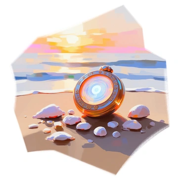 An ancient amulet with intricate carvings is placed on a sandy beach. The amulet features a glowing center that emits a soft, ethereal light, contrasting with the warm tones of the sand. Surrounding the amulet are small seashells and pieces of sea glass scattered across the beach. In the background, gentle waves can be seen lapping at the shore, and the sky above is painted with soft hues of orange and pink, indicating a sunset. The scene captures a moment of tranquility, focusing on the amulet as the central element.