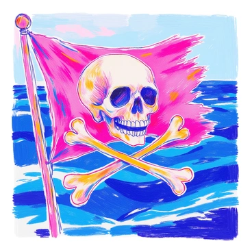 A close-up view captures a weathered skull and crossbones flag. The flag is frayed at the edges, displaying signs of age. The skull is prominently featured, with deep-set eyes and a grinning expression. Below the skull, the crossbones are visible, slightly angled and worn. The background reveals hints of the ocean, with soft waves gently rolling in. The flag flutters dynamically in the ocean breeze, creating a sense of movement. The colors of the flag are faded, with hints of black and white, contrasting against the blue of the water.