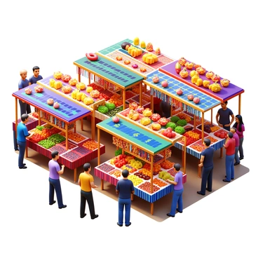 A bustling foreign marketplace filled with colorful stalls. Each stall is overflowing with vibrant fruits, vegetables, and various goods. Shoppers and vendors engage in spirited conversations, creating an atmosphere of lively interaction. A variety of textiles and handmade crafts are on display, showcasing intricate patterns and bright colors. In the background, a group of people can be seen walking, adding to the sense of movement in the scene. The sky is clear, allowing warm sunlight to illuminate the vibrant colors of the marketplace.