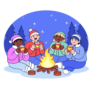 A group of four friends is gathered around a crackling bonfire. Each friend is holding a cup filled with hot cocoa topped with whipped cream and drizzled with chocolate. The cups have a warm, inviting design. The friends have smiling faces and are dressed in cozy winter clothing. The warmth of the fire casts a soft glow on their faces while the night sky is filled with stars overhead. The surrounding area has a few scattered logs and some tall pine trees in the background.