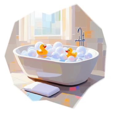 A large white bathtub filled to the brim with fluffy white bubbles. The bubbles are uniquely shaped like tiny noses, creating a playful and whimsical scene. The surface of the water reflects the light, enhancing the texture of the bubbles. The bathroom features light-colored tiles and a plush bath mat on the floor. A window lets in soft daylight, illuminating the space and adding a warm ambiance. A rubber duck floats among the bubbles, adding to the lighthearted atmosphere.