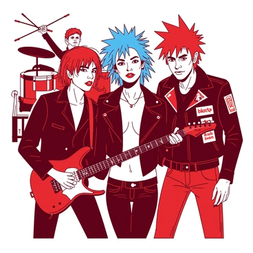 A red punk rock band is posing together in an urban setting. Each band member is wearing a black leather jacket adorned with various patches and studs. Their hair is styled in dramatic spikes, showcasing a mix of colors including vibrant blues and fiery reds. The lead singer stands confidently in the center with bold black eyeliner and bright red lipstick, while the guitarist to the left has a studded wristband and a nose ring. The bassist on the right has a colorful mohawk and is wearing band patches on their jacket. The drummer in the back sports a fierce expression, holding a pair of drumsticks aloft. The atmosphere reflects the energetic spirit of the 1970s punk rock scene.