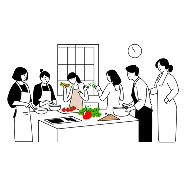 A bright cooking class taking place in a spacious kitchen. Several participants, a diverse group of men and women, are gathered around large wooden tables. They are chopping colorful vegetables, mixing dough, and preparing various dishes. Fresh ingredients such as tomatoes, basil, and bell peppers are neatly arranged on the tables. One woman is smiling as she holds up a handful of herbs, while a man nearby is stirring a large pot on the stove. Sunlight streams in through large windows, illuminating the scene.