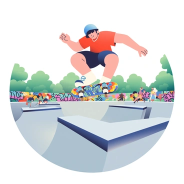 A skateboarder with short black hair is mid-air, performing an impressive trick above a ramp in an urban skate park. He is wearing a red t-shirt and black shorts, with a blue helmet securely fastened on his head. The skateboard has a vibrant, colorful design, showing a combination of graffiti-style artwork. Surrounding the skateboarder, there are concrete ramps and graffiti-covered walls filled with bright colors and intricate designs. In the background, a few spectators are watching the performance, and there are trees lining the edge of the skate park. The fisheye lens effect creates a dynamic and wide perspective of the scene, emphasizing the energy of the moment.