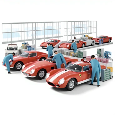 A modern Ferrari factory interior, featuring a sleek production line where red sports cars are being assembled. Workers, wearing blue uniforms and safety goggles, are focused on various tasks, such as installing engines and fitting body panels. The production line is well-lit, showcasing an array of tools and equipment neatly organized nearby. In the background, finished Ferraris are lined up, gleaming under the factory lights, while large windows reveal glimpses of a bright day outside.