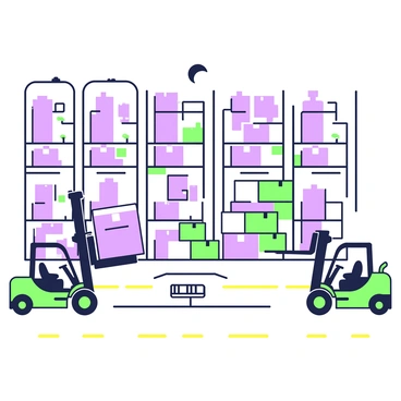 A massive warehouse interior features tall shelves stocked with various boxes. The shelves rise high towards the ceiling, creating a structured and organized environment. In the foreground, two forklifts are actively moving boxes. One forklift is lifting a stack of boxes, while the other is transporting a single large box across the floor. The warehouse floor is marked with yellow lines designating pathways for safety. Overhead, bright lights illuminate the space, creating an environment that is functional and busy.