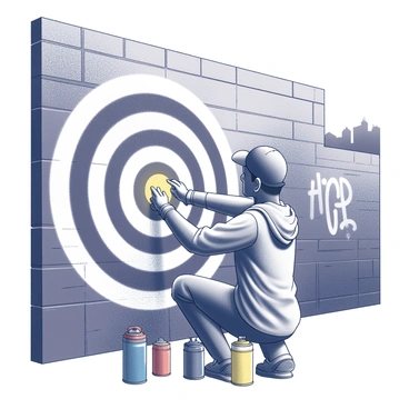 A graffiti artist is applying spray paint to a large bullseye mural on a brick city wall. The artist is wearing a cap and a hoodie, with their hands moving swiftly as they create concentric circles. Cans of spray paint in various colors are scattered around the artist's feet. The wall has a rough texture, with remnants of previous graffiti visible in the background. The urban setting includes distant buildings and a clear sky above, emphasizing the vibrant art being created.
