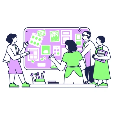 A group of four creative professionals is gathered around a large mood board positioned against a wall in a brightly lit office. One person, a woman with curly hair, is pinning a vivid image onto the board with a purple pushpin. Next to her, a man with glasses is holding a stack of printed ideas, looking thoughtfully at the board. Another woman is standing to the left, pointing at a particular section of the board that displays various color swatches and photographs. To the right, a man is taking notes in a notebook, with colorful art supplies scattered on a nearby table. The mood board is filled with images, sketches, and notes representing various concepts and inspirations.