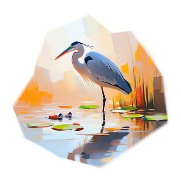 A tall heron with grey and white feathers is standing still in shallow waters, carefully hunting for fish. Its long legs are partially submerged, and the reflection of the bird can be seen in the clear water. The heron's neck is extended, and its sharp beak is poised to strike. Surrounding the heron are scattered reeds and small patches of lily pads, creating a natural habitat. The sunlight casts a gentle glow on the water's surface, enhancing the tranquil scene.