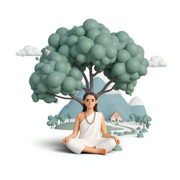A guru, wearing a simple white robe and a beaded necklace, sits cross-legged under a large, leafy tree. His long hair flows down his back, and he has a serene expression on his face. The tree provides a canopy of shade, with sunlight filtering through the leaves, creating dappled patterns on the ground. In the background, a small mountain village with rustic houses and winding paths can be seen, surrounded by lush greenery. The sky above is clear with a few fluffy clouds. A gentle breeze rustles the leaves, enhancing the tranquil atmosphere of the scene.