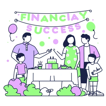 A family is gathered outdoors, celebrating a small party with festive decorations. They are standing around a table adorned with snacks and drinks. Colorful banners hang overhead, prominently displaying the phrase "Financial Success." The family consists of four members: a father wearing a light blue shirt, a mother in a floral dress, a teenage daughter with long hair wearing a casual outfit, and a young boy in a t-shirt. There are balloons in various shapes and sizes scattered around the area, and a small cake with candles is placed at the center of the table.