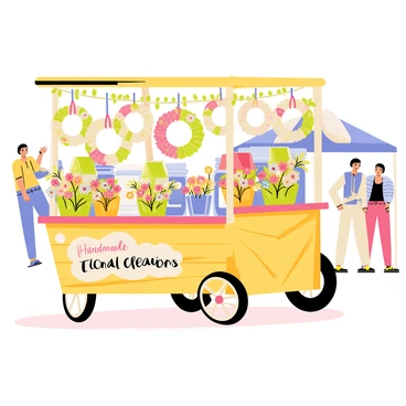 A floral crafts cart showcasing handmade wreaths and bouquets at a craft fair