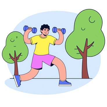 A person is executing a dumbbell thruster in a park during a sunny day. The individual is wearing a bright athletic outfit, consisting of a short-sleeved shirt and shorts. They are holding a dumbbell in each hand, arms bent at the elbows. The person's legs are slightly apart, and they are in a partial squat position. In the background, there are green trees with lush foliage and a clear blue sky. The sun casts soft shadows on the ground, highlighting the vibrant colors of the scene.