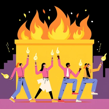 A group of four people is performing a fire dance in front of a large, brightly glowing dumpster fire. Each dancer is wearing colorful costumes with flowing fabric that ripples as they move. Their hands are holding flaming torches that cast flickering shadows on the ground. The background features dark silhouettes of buildings under a night sky. Sparks fly from the flames, creating an energetic atmosphere. The dancers are positioned in dynamic poses, showcasing their movements against the vibrant orange and yellow flames of the dumpster fire.