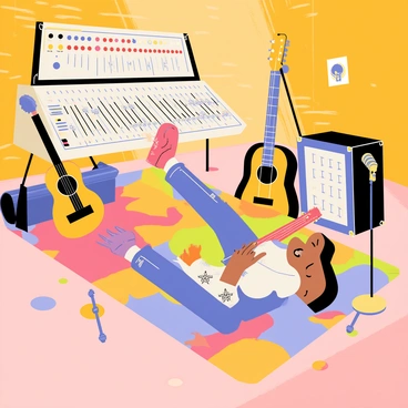 A musician is lying flat on a plush, colorful rug in a recording studio, with various musical instruments surrounding them. The musician has a playful expression and is wearing casual clothing. Nearby, there is a shiny electric guitar leaning against an amplifier and a traditional wooden acoustic guitar resting on a stand. Various microphones are positioned around the room, and a large mixing console filled with buttons and sliders is visible in the background. The studio has warm lighting and wooden paneling, creating a cozy atmosphere.
