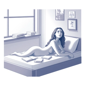 A young woman named Juliet is lying on a neatly made bed. She has long, flowing hair cascading over the side of the bed. Her gaze is directed upwards, fixed on the ceiling, lost in thought. The room is filled with soft light filtering through a window, casting gentle shadows. Various pillows surround her, enhancing the cozy atmosphere. Around her are scattered books and a notebook, suggesting she has been reading or writing. The walls are adorned with personal artwork, adding character to the space.