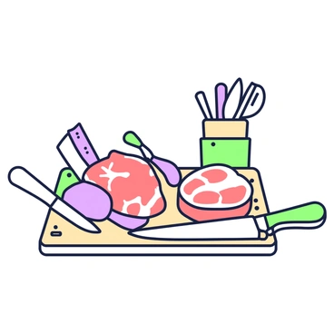 A collection of butchery tools is arranged meticulously on a wooden cutting board. On the left, there is a sharp cleaver with a wooden handle, resting next to a boning knife with a curved blade. A meat tenderizer is positioned nearby, showcasing its textured surface. Various beef cuts are displayed prominently on the board, including a ribeye steak, brisket, and sirloin, each with distinct marbling and color differences. In the background, there is a wooden block with additional knives visible, enhancing the butchery theme.