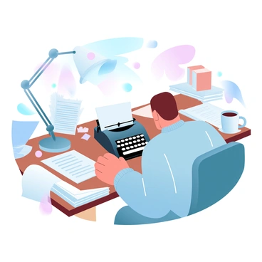 A writer sitting at a cluttered desk, staring at a blank page on their typewriter