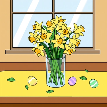 A wooden dining table with a polished surface, adorned with a vibrant yellow tablecloth. A cluster of bright yellow daffodils in a clear glass vase sits at the center of the table, their trumpet-shaped flowers in full bloom. Surrounding the vase are small decorative items such as colorful Easter eggs and a few green leaves scattered around. The background includes a window with sunlight streaming through, illuminating the scene and enhancing the festive atmosphere for a spring celebration.