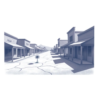 A ghost town with deserted streets. The ground is cracked and dry, leading the eye through the abandoned area. Dilapidated buildings line the streets, featuring weathered wooden exteriors and broken windows. Many structures show signs of decay, with peeling paint and sagging roofs. In the center of the street, a lonely tumbleweed rolls gently, adding a sense of desolation to the scene. Shadows stretch across the ground, emphasizing the emptiness of the town.