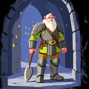 A dwarf named "Gimli" is standing in the ancient halls of "Moria." He is wearing a detailed suit of armor with an intricate design, holding a sturdy axe. The halls are illuminated by "glowing crystals" embedded in the stone walls, casting a soft light. Shadows dance along the damp stone floor, creating a mysterious atmosphere. "Gimli" is gazing around, examining the ancient carvings and structures that hint at the rich history of the place.