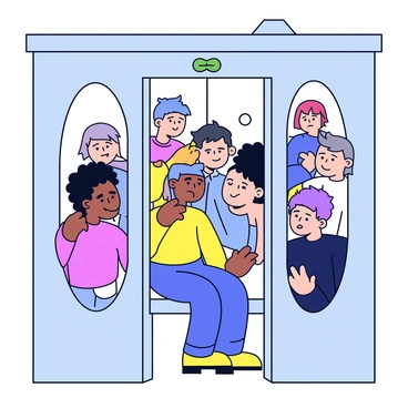 A person is sitting in a small, crowded elevator. The elevator is enclosed with shiny mirrors reflecting the surroundings. The person's expression shows slight discomfort as they are surrounded by several other people, each mirrored in the reflective surfaces. The walls of the elevator are sleek and metallic, adding to the feeling of closeness in the small space. The lighting is soft, creating a warm atmosphere despite the crowd.
