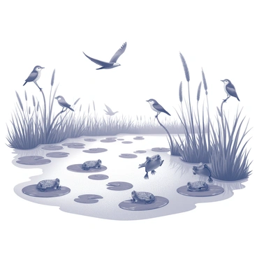 A wetland habitat with a calm body of water scattered with "water lilies" floating on the surface. Several "frogs" are perched on the lily pads, some are leaping gracefully from one pad to another. In the background, a variety of "birds" are seen perched on low-hanging branches, while others are flying above the water, their wings spread wide. The scene is filled with tall grasses and reeds surrounding the water, creating a natural environment rich in wildlife.