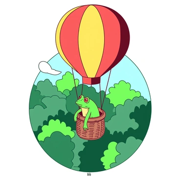 A green frog is sitting comfortably in a colorful hot air balloon that has vibrant panels of red and yellow. The balloon is floating high above a lush forest filled with various shades of green foliage. Below, the tree canopy is dense and dotted with patches of sunlight. The frog appears content, gazing down at the scenery, with a gentle breeze ruffling its skin. The hot air balloon is tethered to a sturdy wicker basket, which adds to the whimsical nature of the scene.