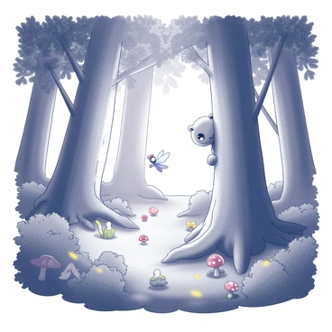 A dense forest filled with towering trees that have thick trunks and a canopy of leaves. The ground is covered with lush foliage and various small plants. Among the trees, there are several magical creatures, including a small, winged fairy with delicate translucent wings hovering near a flower. A playful, furry creature with large eyes peeks out from behind a tree trunk. Sunlight filters through the branches, creating dappled patterns on the forest floor, where mushrooms and colorful flowers are scattered. The atmosphere is lively, filled with the presence of enchantment.