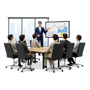 A business analyst with short brown hair, dressed in a navy blue suit and a white shirt, stands confidently in front of a large screen displaying colorful graphs and charts. The scene takes place in a modern conference room with a long wooden table surrounded by chairs. Several colleagues are seated around the table, attentively looking at the analyst. The room is well-lit with large windows showing a cityscape in the background. The analyst is gesturing towards the screen, emphasizing key points in the financial estimate. A notepad and a pen are placed on the table in front of one of the colleagues.