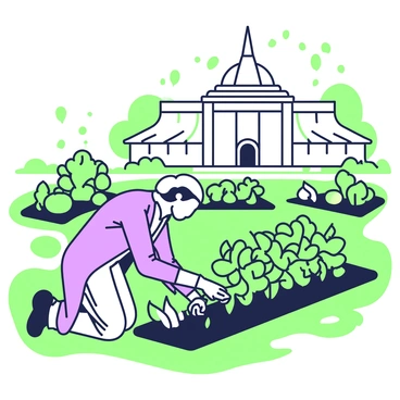 A man resembling Thomas Jefferson is working in a vegetable garden at Monticello. He is wearing period-appropriate attire, including a light-colored waistcoat and trousers, with a white shirt visible underneath. He is kneeling beside a row of leafy green plants, gently tending to them with a small hand tool. In the background, there are neat rows of various vegetables like tomatoes and squash growing in the garden. The iconic architecture of Monticello is visible in the distance, with its distinct domed roof and columns. Sunshine casts dappled light across the garden, creating a warm and vibrant atmosphere.