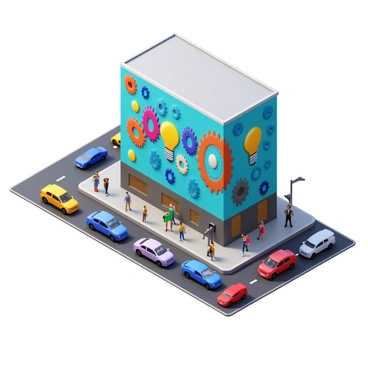 A busy street filled with people walking and cars driving by. On one side of the street, there is a large building featuring a colorful mural. The mural depicts various "light bulbs" and "gears" intertwined in a creative design. The scene captures a dynamic urban atmosphere, with the mural prominently displayed against the backdrop of the bustling street.