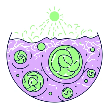 Swirls of phytoplankton are visible in the ocean currents, forming intricate and dynamic patterns. The water has a textured surface that captures the movement of the swirling organisms. Sunlight filters through the water, creating a shimmering effect above the phytoplankton. Various sizes of swirling clusters can be seen, some small and tight, while others are larger and more spread out. The overall scene reflects the vibrant life within the ocean, showcasing the interaction of light, water, and the delicate forms of phytoplankton dancing in the currents.