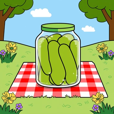 A large glass pickle jar with a green lid sits on a red-and-white checkered picnic blanket. The jar is filled with bright green pickles, and the sunlight reflects off the glass, creating a sparkling effect. The picnic blanket is spread across a grassy lawn, dotted with vibrant wildflowers in shades of yellow and purple. In the background, a few trees provide dappled shade, and a blue sky with fluffy white clouds completes the cheerful scene.