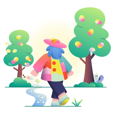 A whimsical character with a large, floppy hat is walking through an enchanted forest. The character has bright blue hair that flows down to their shoulders. They are wearing a colorful, patchwork coat with oversized buttons. Surrounding the character are tall, lush trees with vibrant green leaves and glowing flowers in various hues. A small, sparkling stream winds its way through the forest, reflecting the light from the colorful flora. In the background, playful creatures peek from behind the trees, adding to the magical atmosphere of the scene.
