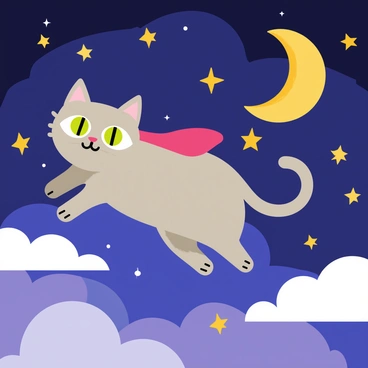 A cartoon-style illustration of a cat flying through a starry night sky. The cat is a fluffy gray tabby with large green eyes, soaring among bright, twinkling stars. A crescent moon glows softly, surrounded by fluffy white clouds. The background features various shades of deep blue and purple, creating a magical atmosphere. The cat has a small red cape fluttering behind it, adding to the sense of adventure in the scene.