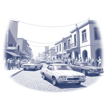 A parade featuring several classic cars driving through a historic town square. The square is surrounded by charming buildings with intricate architectural details, showcasing a blend of vintage styles. The cars vary in make and model, each with distinctive features such as chrome bumpers, tailfins, and unique emblem designs. Spectators line the sides of the square, expressing excitement and admiration as they watch the procession of vehicles. A few large banners are suspended across the square, adding to the festive atmosphere. The cobblestone pavement reflects the scene above, enhancing the historical ambiance of the setting.