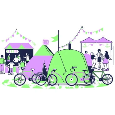 A lively music festival scene is depicted with a variety of bicycles parked around several colorful tents. In the foreground, there are four bicycles, each with distinct styles, leaning against a vibrant green tent that features large decorative patterns. Nearby, two other tents, one in purple and another in green, are set up with people mingling and enjoying the atmosphere. A crowd is visible in the background, dancing and engaging with performers on stage. The ground is covered with grass and scattered items such as blankets and small backpacks. Bright banners flutter in the breeze, adding to the festive vibe.