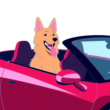A medium-sized golden retriever with shiny fur and an open mouth, sitting happily in the passenger seat of a sleek, red Ferrari. The car is parked on a sunny day, with the windows down. The dog's tongue is lolling out as it enjoys the breeze, and its ears are perked up. The interior of the Ferrari is luxurious, featuring black leather seats and a high-tech dashboard. The sunlight reflects off the polished body of the car, highlighting its curves and distinctive design.