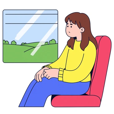 A girl with long brown hair is sitting on a comfortable red seat in a train car. She is wearing a yellow sweater and blue jeans. The train window beside her shows a blurred view of green fields and distant trees as the scenery passes by. Sunlight filters through the window, casting soft shadows on her face. The girl gazes outside with a peaceful expression, her hands resting on her lap.
