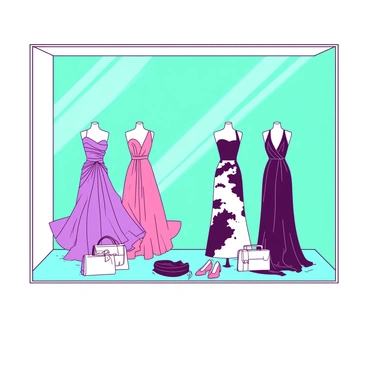 A white boutique window features elegant designer dresses displayed on beautiful mannequins. The dresses are made of flowing fabrics, with intricate designs and vibrant colors. The background of the window is adorned with soft teal lighting that highlights the textures of the fabrics. In front of the dresses, there are stylish accessories arranged neatly, including matching handbags and shoes. The entire display is framed by a minimalistic white border, allowing the dresses to stand out as the focal point.