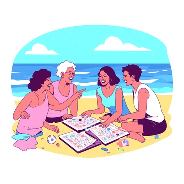 A group of four friends is sitting on a light yellow sandy beach, engaged in a lively game of bingo. Each friend has a colorful bingo card in front of them, with vibrant markers scattered around. They are laughing and chatting, one friend is pointing excitedly at their card. Behind them, the ocean waves are gently crashing against the shore, with the water glimmering under the sunlight. A bright blue sky stretches overhead, while a few fluffy white clouds drift lazily.